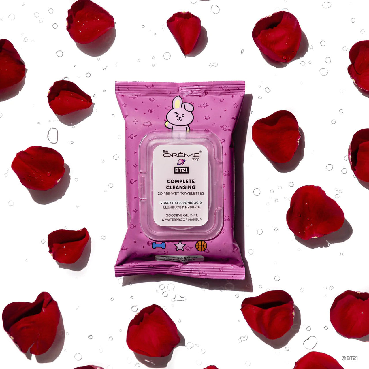 THE CREME SHOP BT21 COOKY Complete Cleansing Towelettes - Rose & Hyaluronic Acid