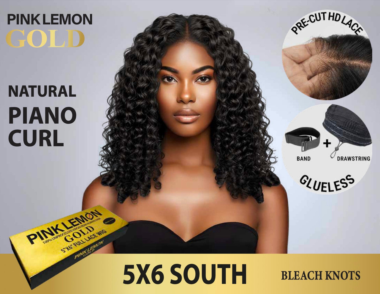15A PINK LEMON GOLD 100% Human Hair 5X6 Lace Front Wig - SOUTH (18"-30")