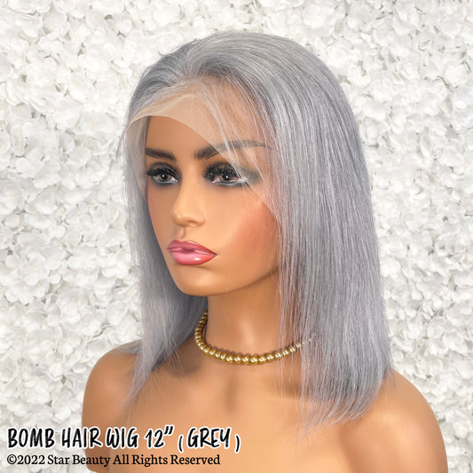 BOMB HAIR 100% Human Hair 13X5 Lace Frontal Bob Wig 12"(GREY)