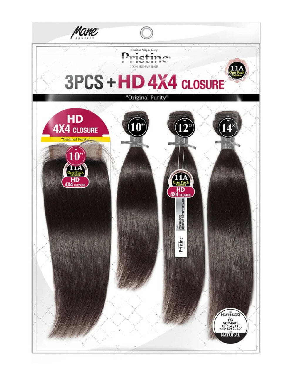 MANE CONCEPT 100% Human Hair Pristine 3 Bundles + HD 4x4 Closure - Straight (Natural)