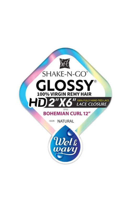 SHAKE N GO Glossy 100% Virgin Remy Hair 2x6 HD Lace Closure - Wet & Wavy Bohemian Curl 12"