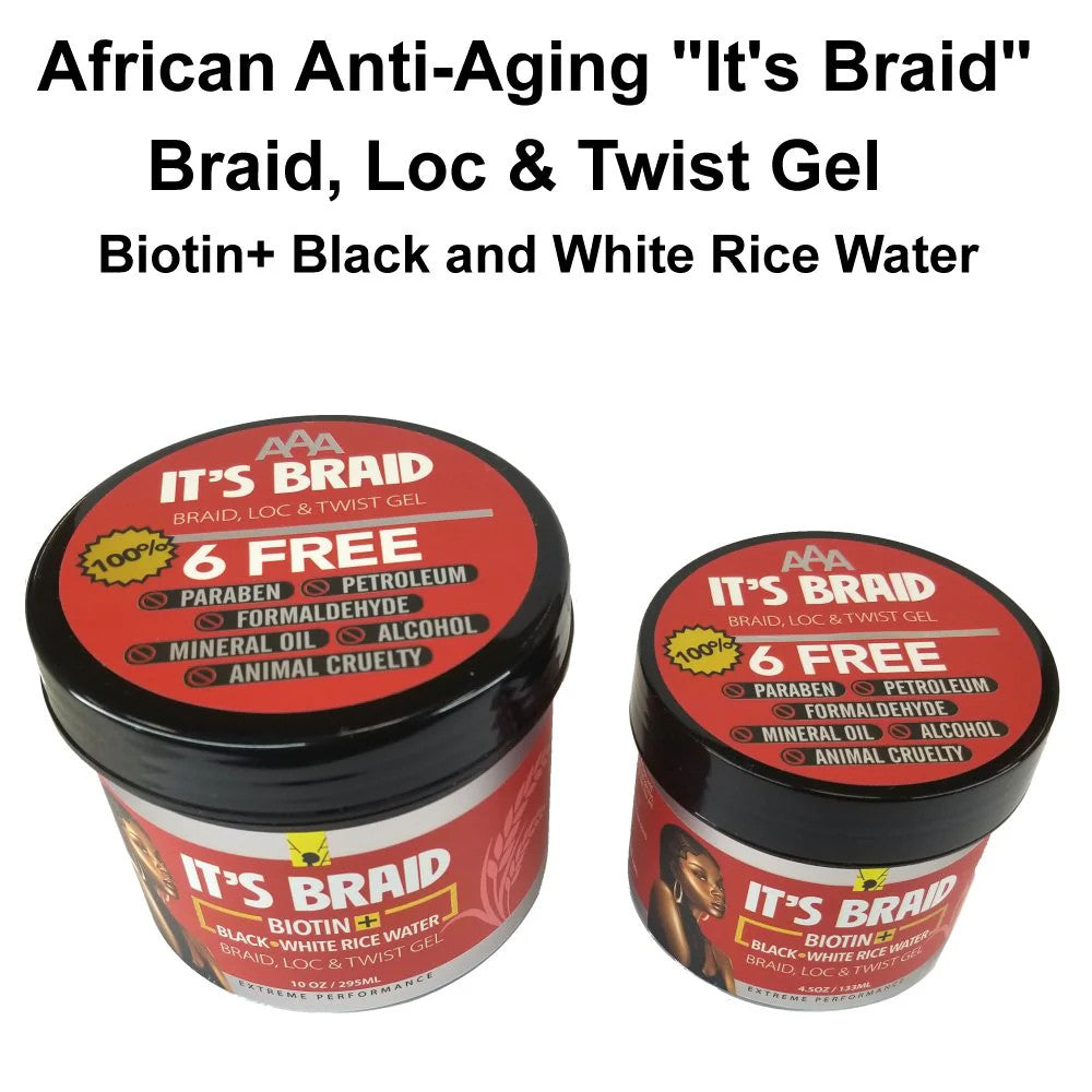 African Anti Aging It's Braid Biotin+ Black and White Rice Water Braid, Loc, & Twist Gel
