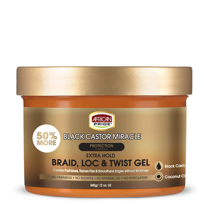 African Pride Black Castor Miracle Extra Hold Braid, Loc, Twist Gel (12oz)