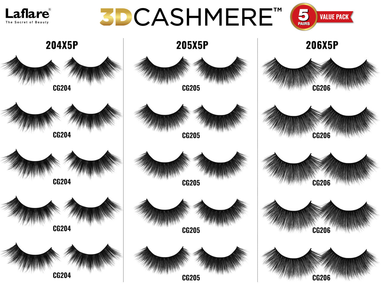 Laflare 100% Handmade 3D Cashmere Eyelashes Value Pack 5 Pairs