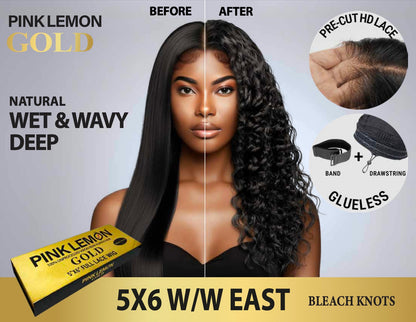 15A PINK LEMON GOLD 100% Human Hair 5X6 Lace Front Wig - EAST (Wet & Wavy) (18"-30")