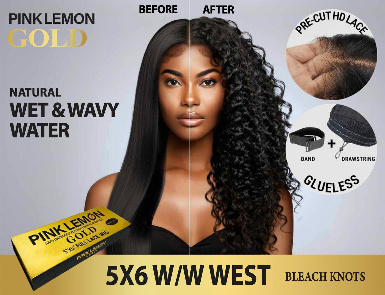15A PINK LEMON GOLD 100% Human Hair 5X6 Lace Front Wig - WEST (Wet & Wavy) (18"-30")