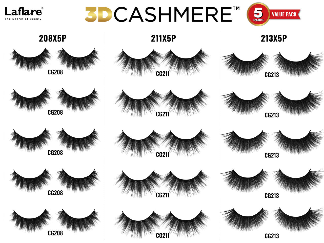 Laflare 100% Handmade 3D Cashmere Eyelashes Value Pack 5 Pairs