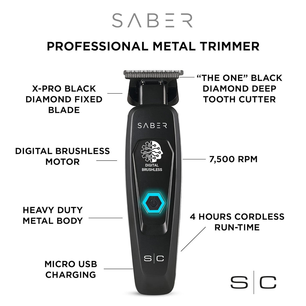 Stylecraft Saber Full Metal Body Digital Brushless Motor Cordless Hair Trimmer (Black)