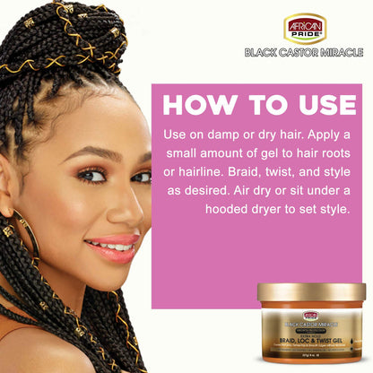 African Pride Black Castor Miracle Extra Hold Braid, Loc, & Twist Gel
