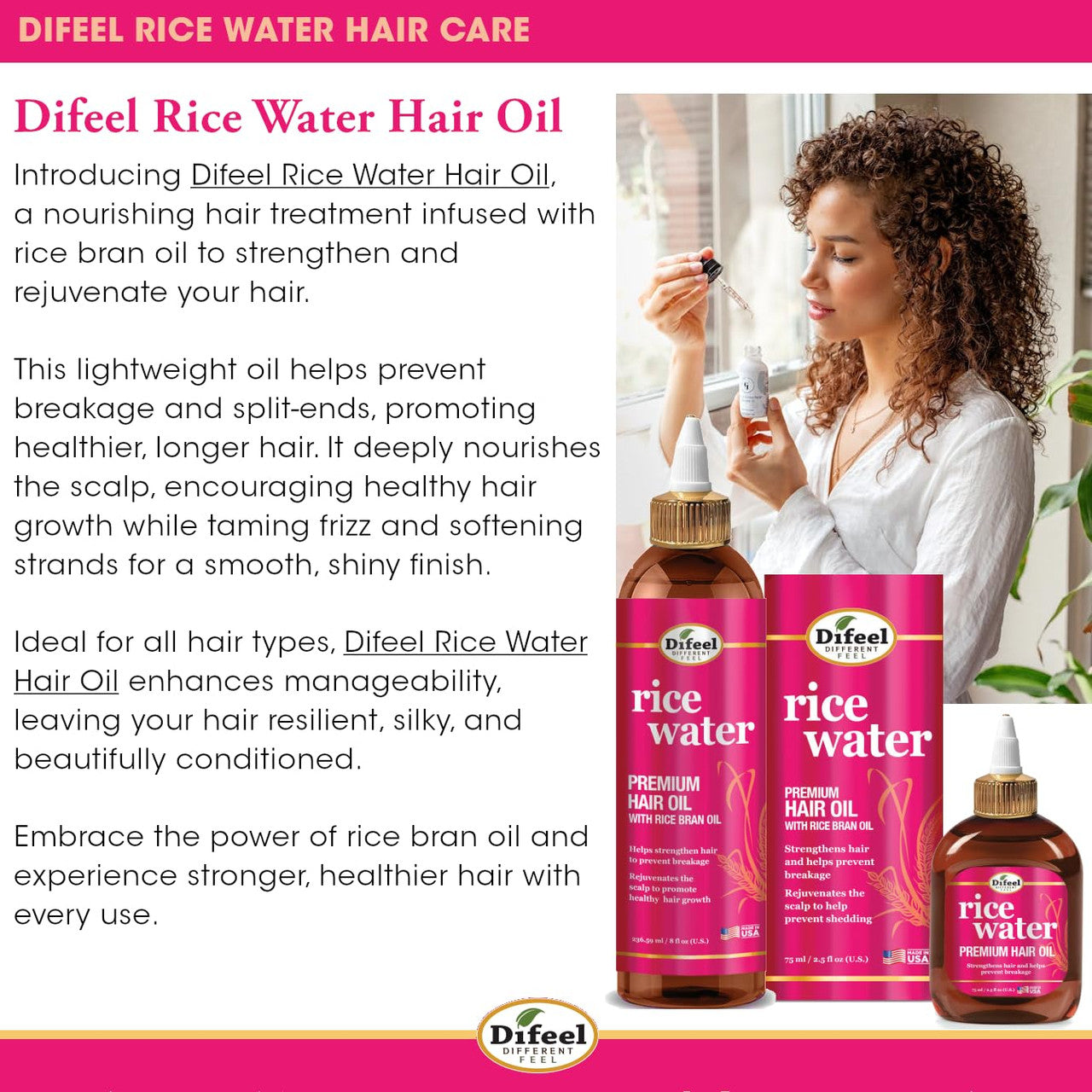 Difeel 99% Natural Premium Hair Oil - Rice Water (2.5 oz)