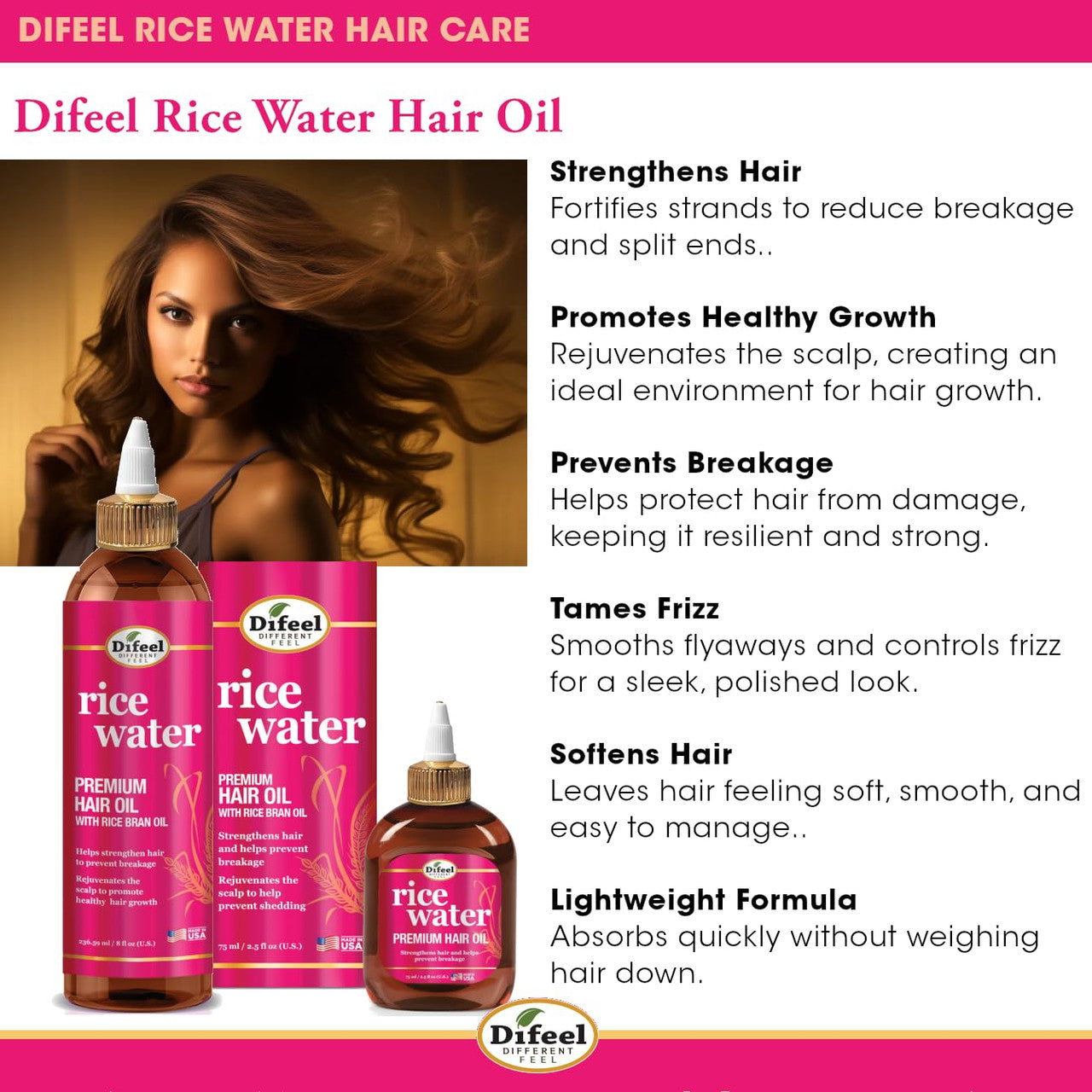 Difeel 99% Natural Premium Hair Oil - Rice Water (2.5 oz)