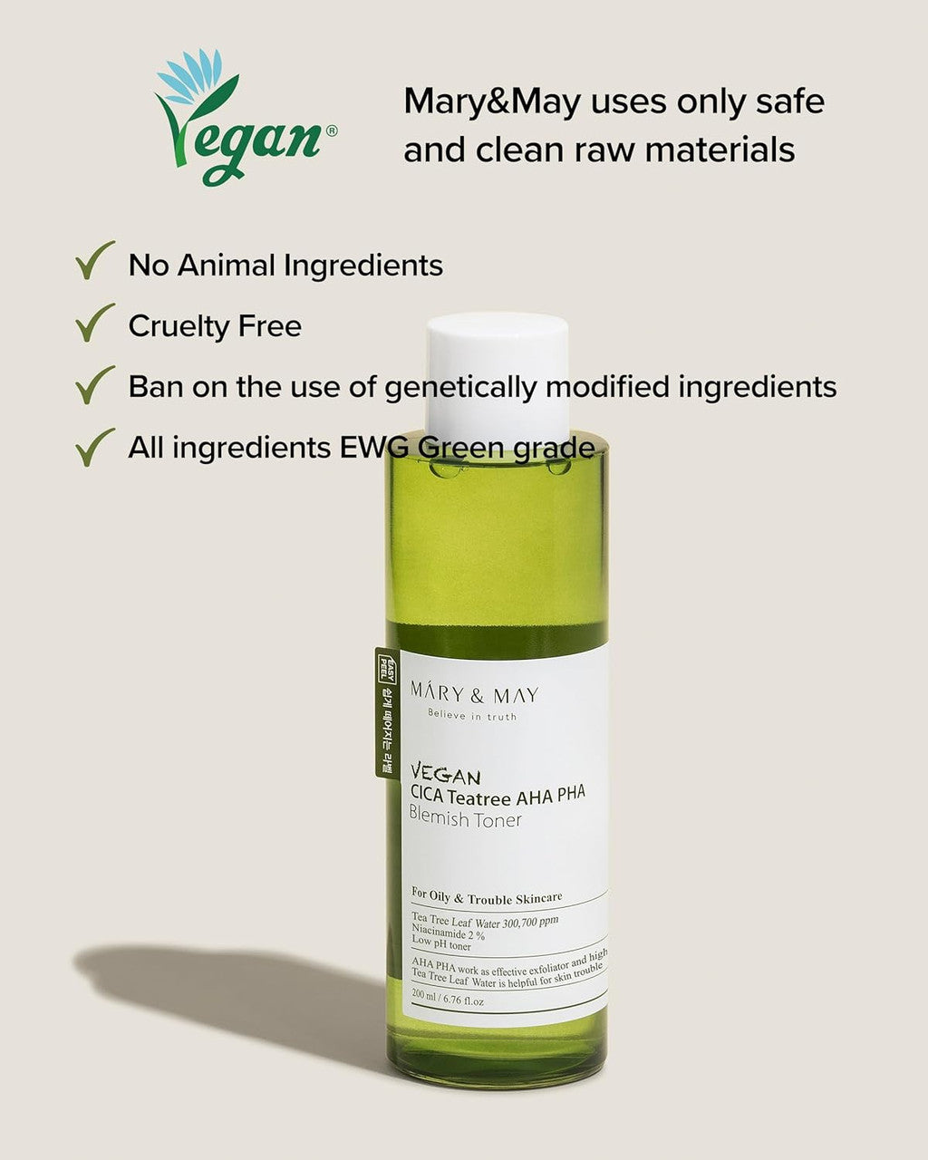 MARY & MAY Vegan CICA Tea Tree AHA PHA Blemish Toner (6.76oz)