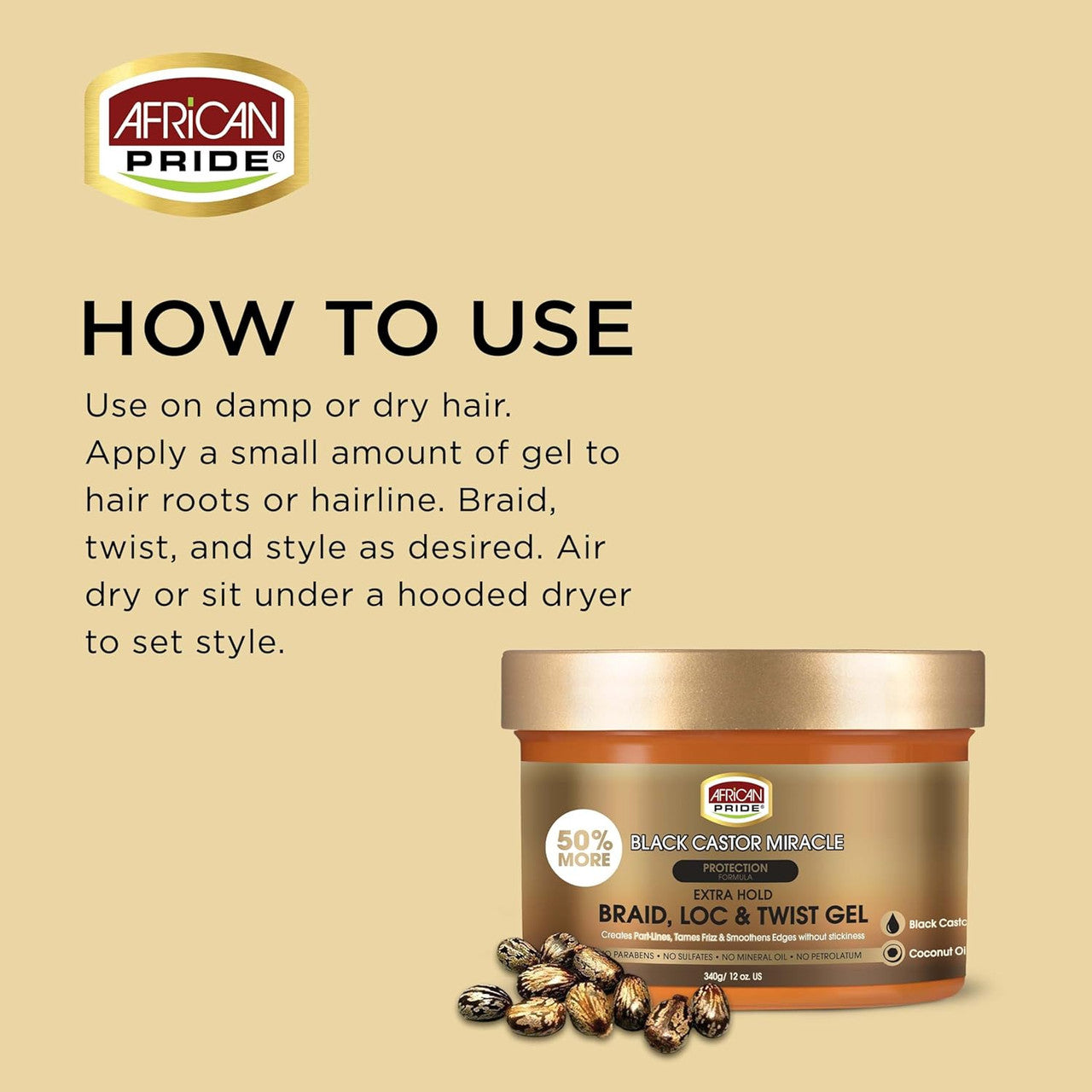 African Pride Black Castor Miracle Extra Hold Braid, Loc, Twist Gel (12oz)