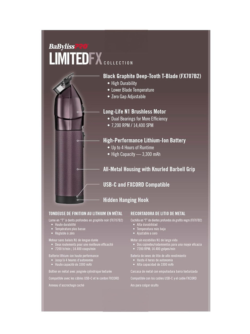 BaBylissPRO LimitedFX Purple All-Metal Lithium Hair Trimmer FX787NP