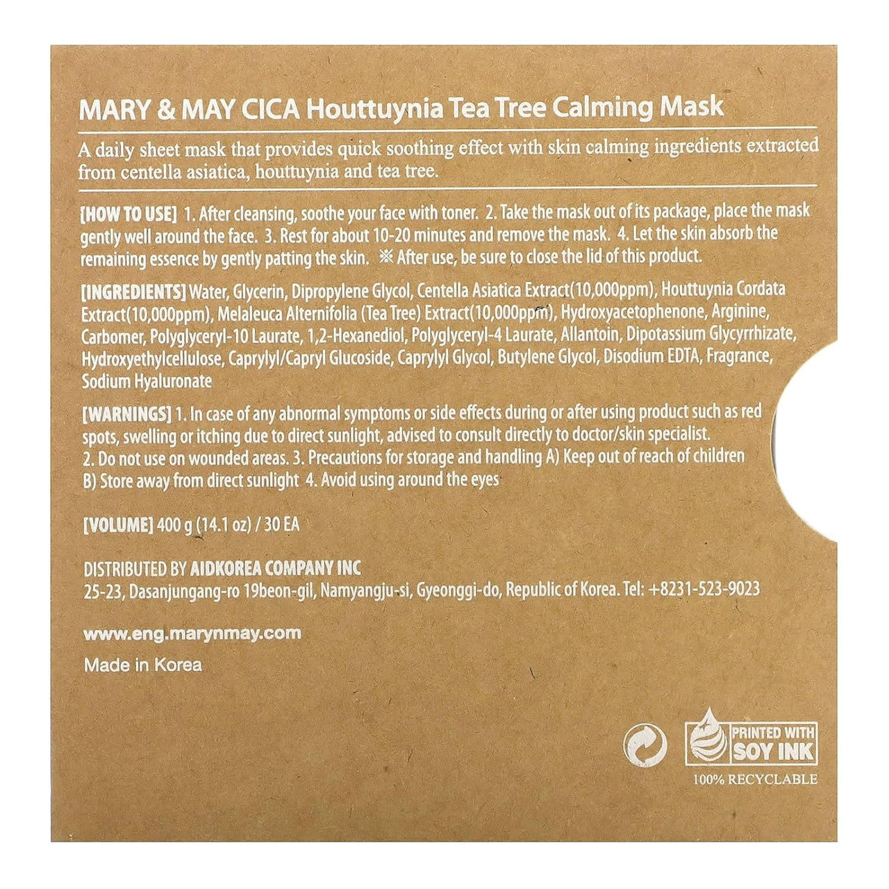 MARY & MAY CICA Houttuynia Tea Tree Calming Mask (30Sheets)