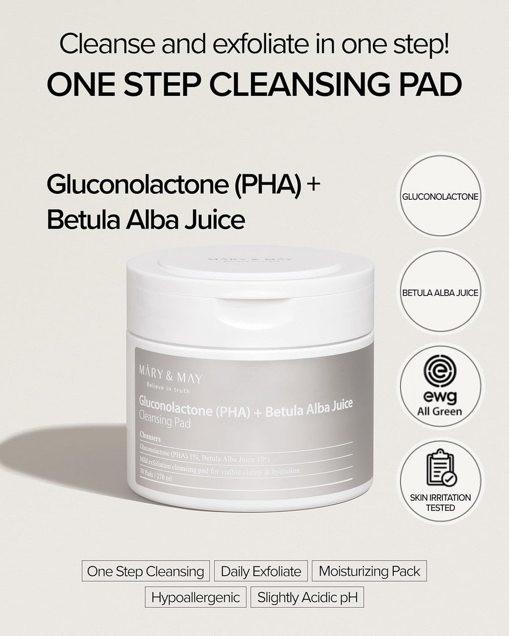 MARY & MAY Gluconolactone PHA Betula Alba Juice Cleansing Pad (70Pads)