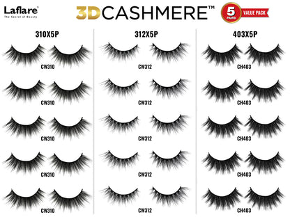 Laflare 100% Handmade 3D Cashmere Eyelashes Value Pack 5 Pairs
