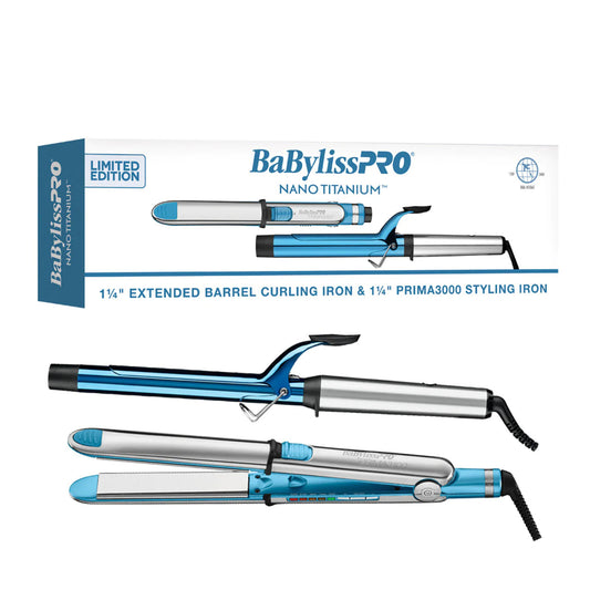 BaBylissPRO Nano Titanium 1 1/4" Extended Barrel Curling Iron & 1 1/4" Prima 3000 Flat Iron Value Pack
