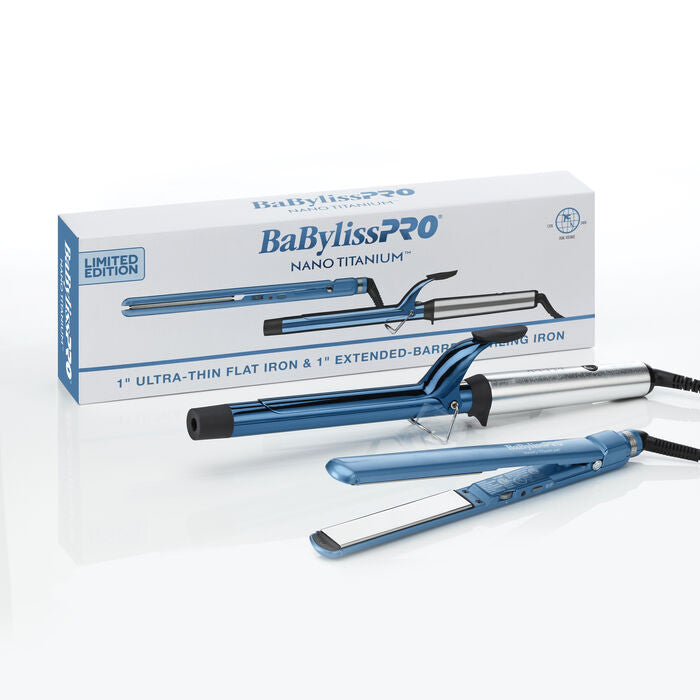 BabylissPRO Nano Titanium 1" Extended-Barrel Curling Iron & 1" Ultra-Thin Flat Iron Combo