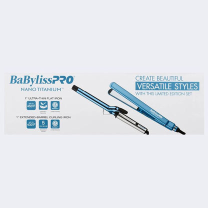 BabylissPRO Nano Titanium 1" Extended-Barrel Curling Iron & 1" Ultra-Thin Flat Iron Combo