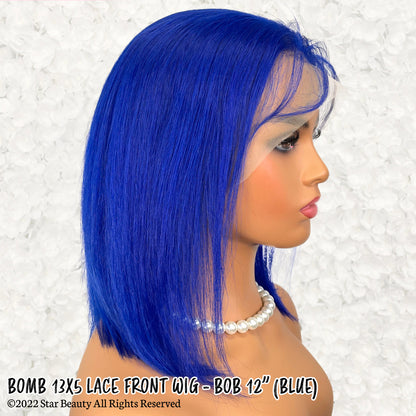 BOMB HAIR 100% Human Hair 13X5 Lace Frontal Bob Wig 12"(BLUE)