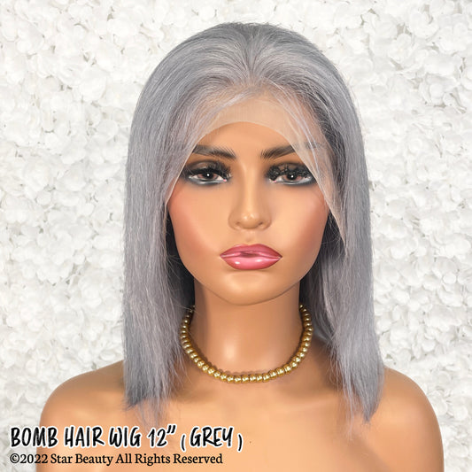 BOMB HAIR 100% Human Hair 13X5 Lace Frontal Bob Wig 12"(GREY)
