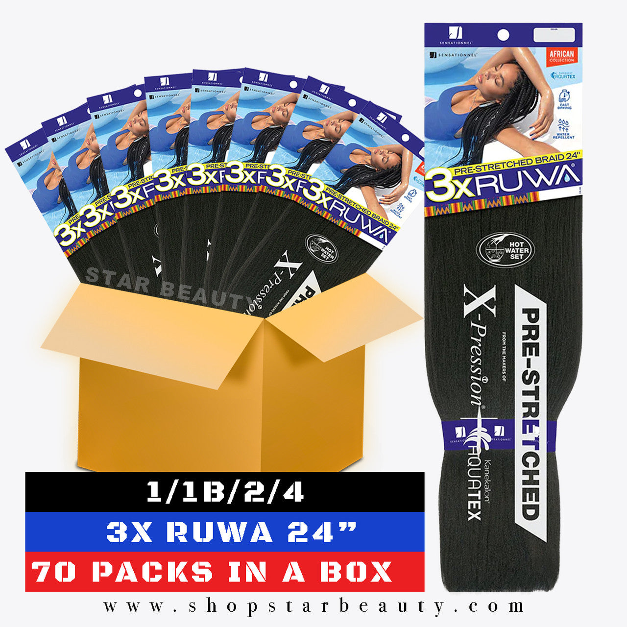 [BOX DEAL] Sensationnel Synthetic 3X X-Pression Ruwa Pre-Stretched Braid 24" (70 packs/box)