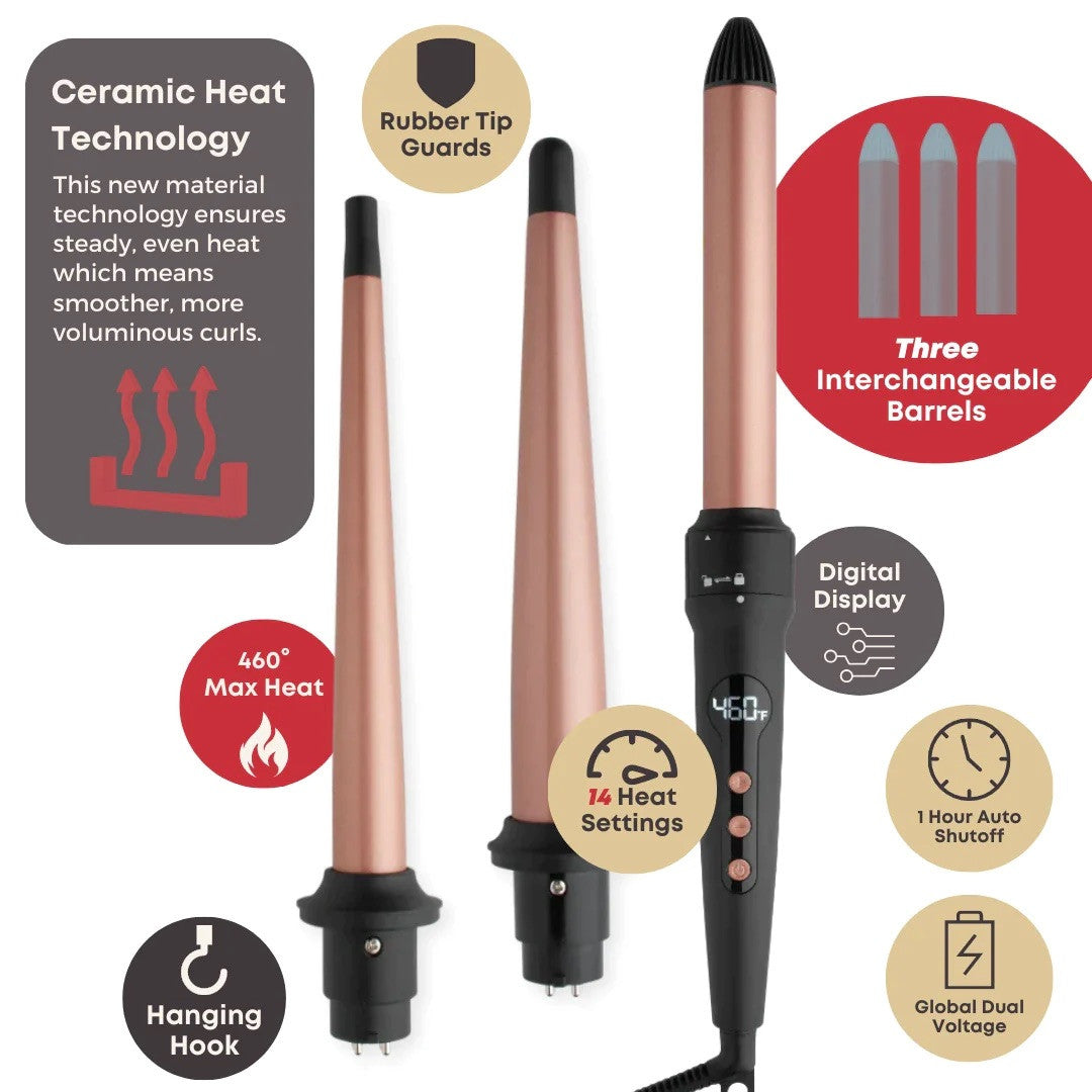 Annie Hot & Hotter 3 in 1 Interchangeable Digital Curling Wand Set Rose Gold & Black