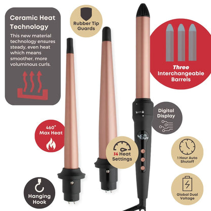 Annie Hot & Hotter 3 in 1 Interchangeable Digital Curling Wand Set Rose Gold & Black