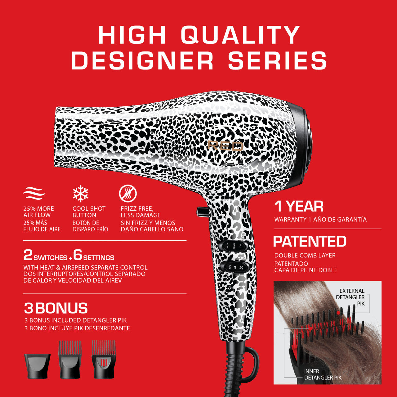 RED 3200 Detangler Dryer with 3 Styling Attachments