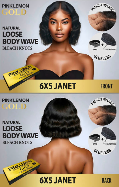 15A PINK LEMON GOLD 100% Human Hair 6X5 Lace Front Wig - JANET