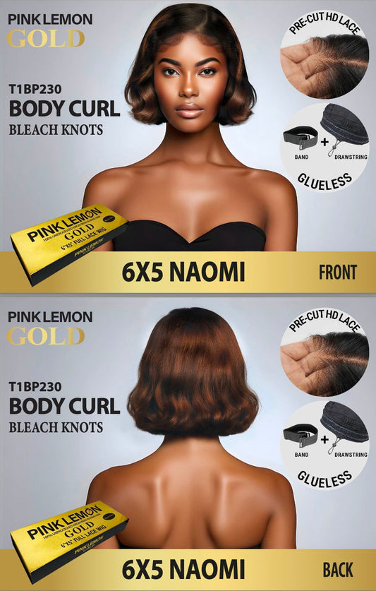 15A PINK LEMON GOLD 100% Human Hair 6X5 Lace Front Wig - NAOMI (T1B/P2/30)