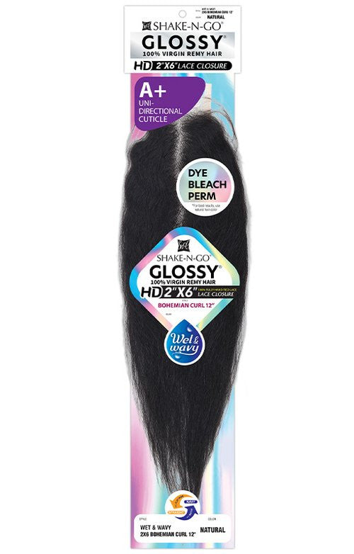 SHAKE N GO Glossy 100% Virgin Remy Hair 2x6 HD Lace Closure - Wet & Wavy Bohemian Curl 12"