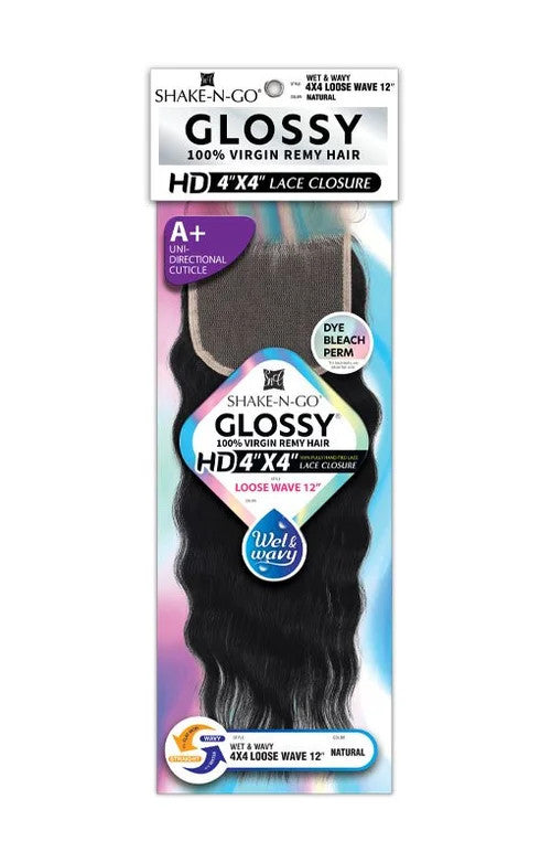 SHAKE N GO Glossy 100% Virgin Remy Hair Wet & Wavy 4X4 HD Lace Closure - Loose Wave 12"