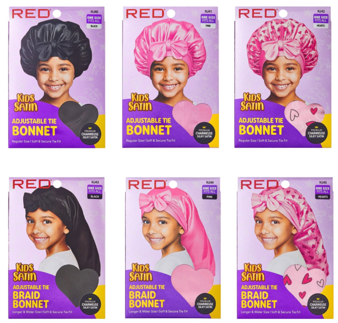 RED Kids Satin Adjustable Tie Bonnet