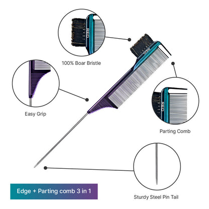 RED 100% Boar Bristle 3-in-1 Edge & Parting Comb (Pin Tail)