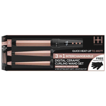 Annie Hot & Hotter 3 in 1 Interchangeable Digital Curling Wand Set Rose Gold & Black